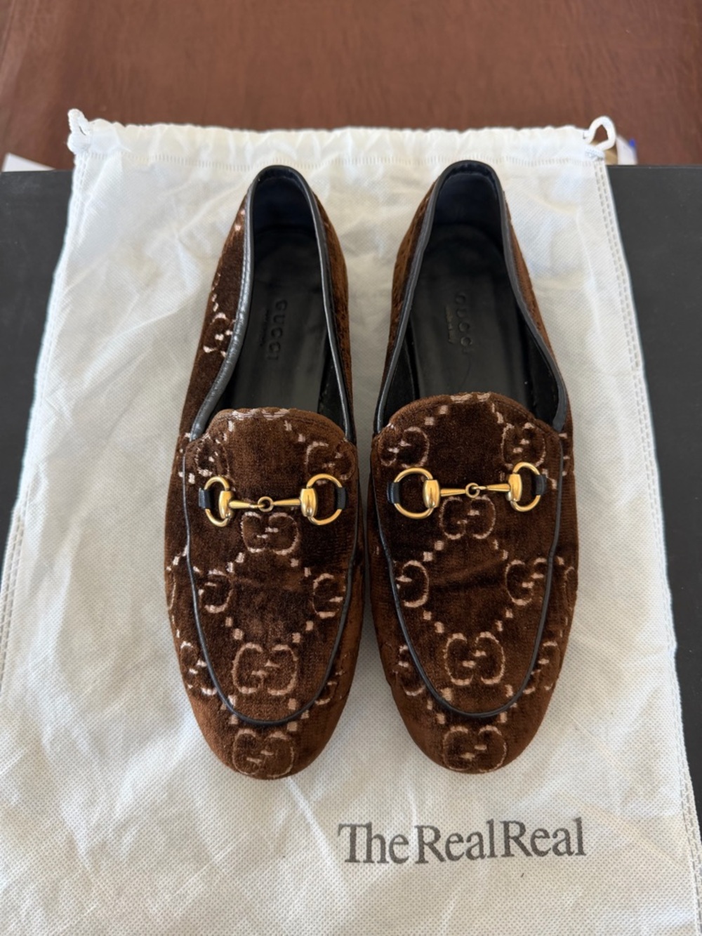 Authentic Gucci GG Monogram Brown Velvet Women's Horsebit Loafers